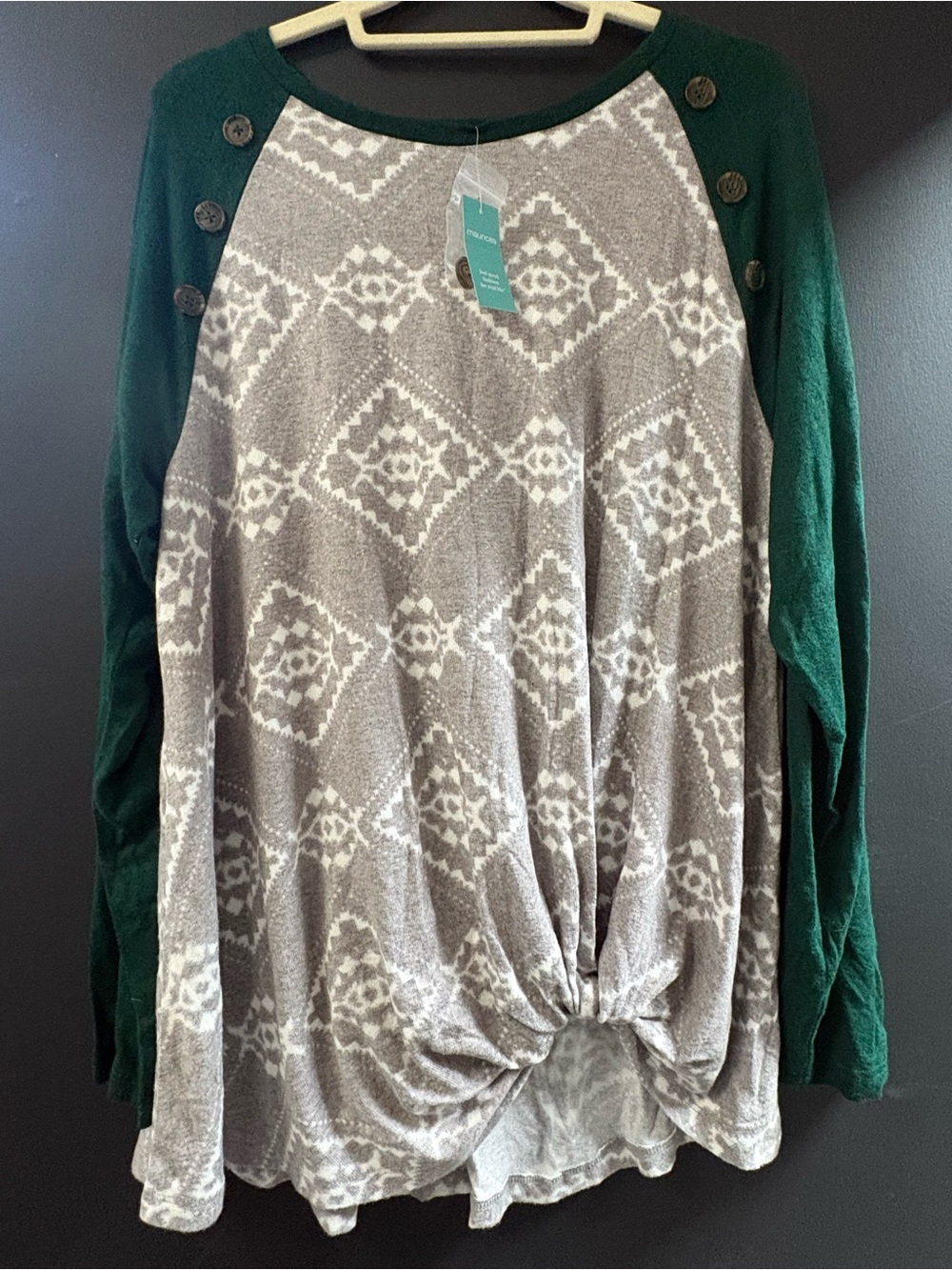 Women’s Green & Gray Patterned Knot-Front Sweater - Maurice’s